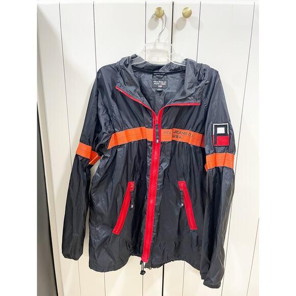 Vtg Polo Jeans Co Black Orange Lightweight Nylon Jacket Windbreaker XL - Picture 1 of 8
